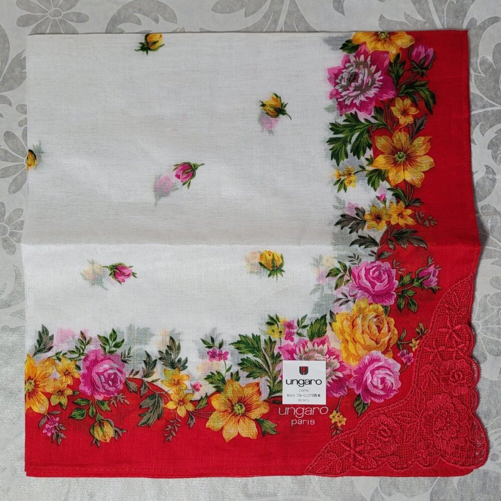 NWT Ungaro Paris Floral White Red Cotton Handkerchief 17.5" Vintage 80s